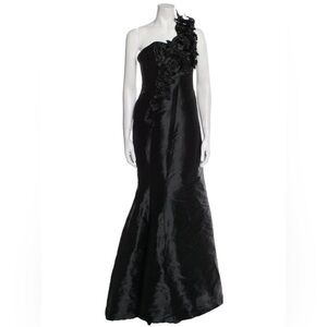 Angel Sanchez Black Floral Embellished One Shoulder Silk Evening Gown EUC Size 8